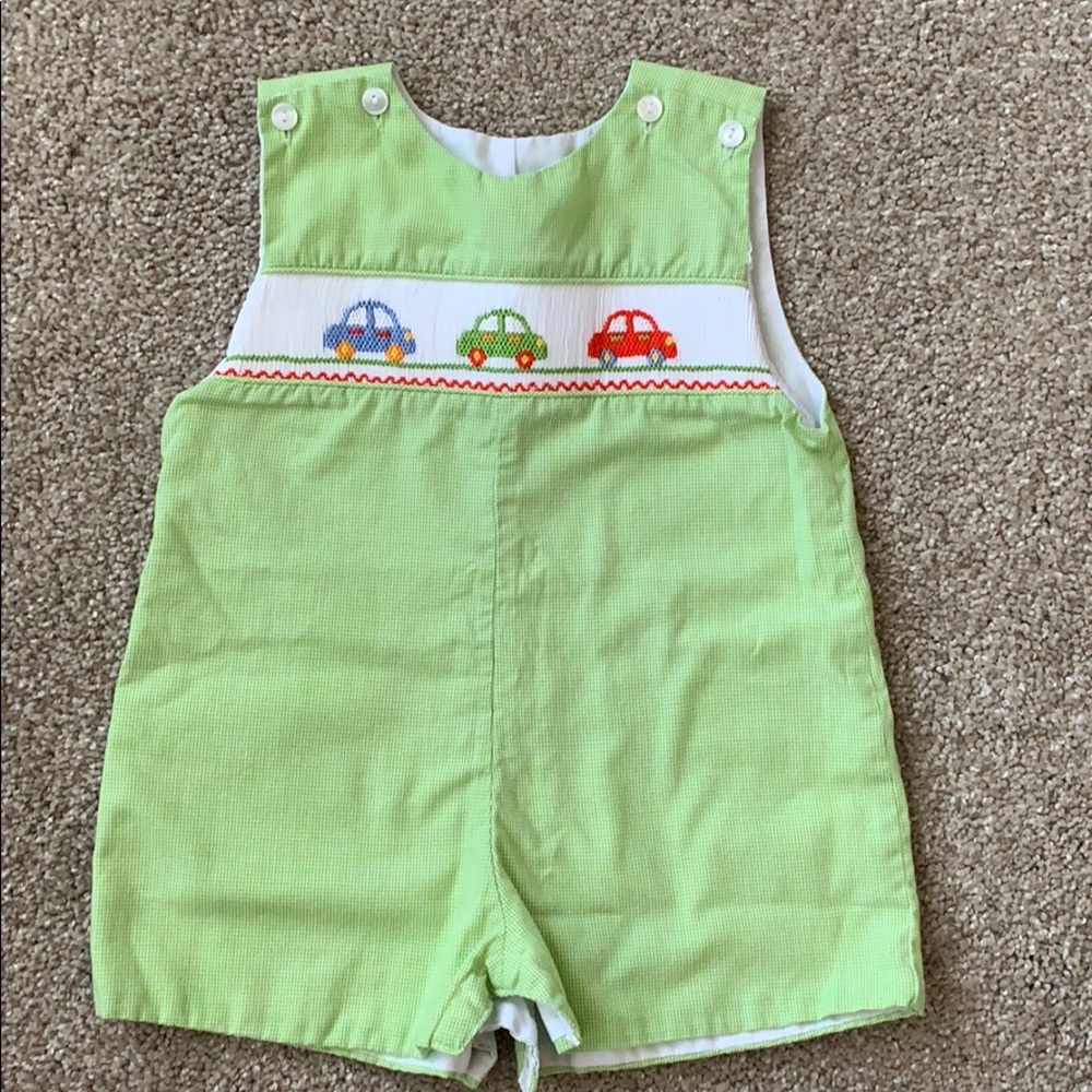 Petit Bebe boys car smocked romper